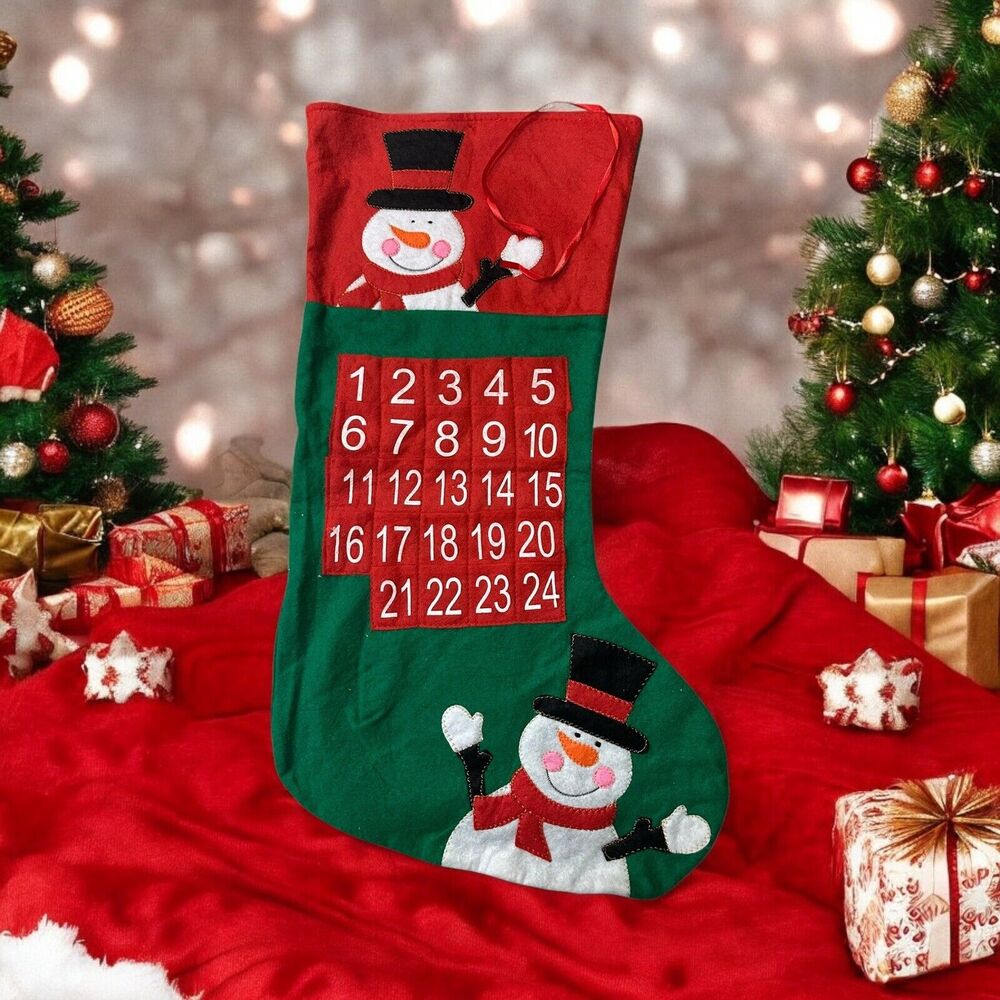 Advent Christmas Countdown Stocking Calendar 2” Large Felt Snowman Red Green